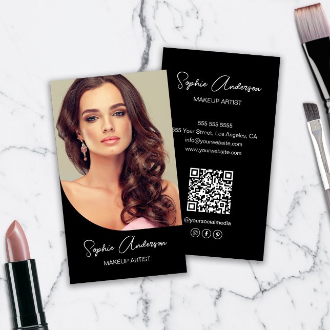 Carte De Visite Artiste maquillage moderne photo noir (Modern Makeup Artist Photo Black Business Card)