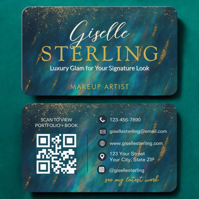 Carte De Visite Artiste maquillage Opal Green Glam Moderne QR Code (Créateur téléchargé)