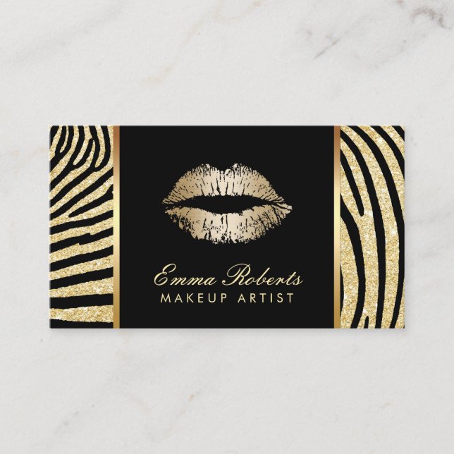 Carte De Visite Artiste maquillage Zebra Stripes Gold Lips Élégant (Devant)