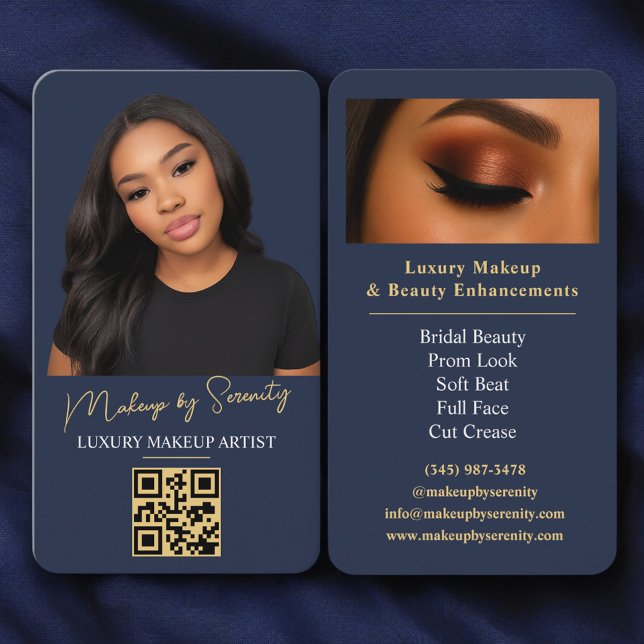 Carte De Visite Artiste Maquilleuse Code QR Or Bleu Marine Luxe Be (Créateur téléchargé)