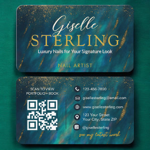 Carte De Visite Artiste moderne à ongles Glam Green Opal QR Code