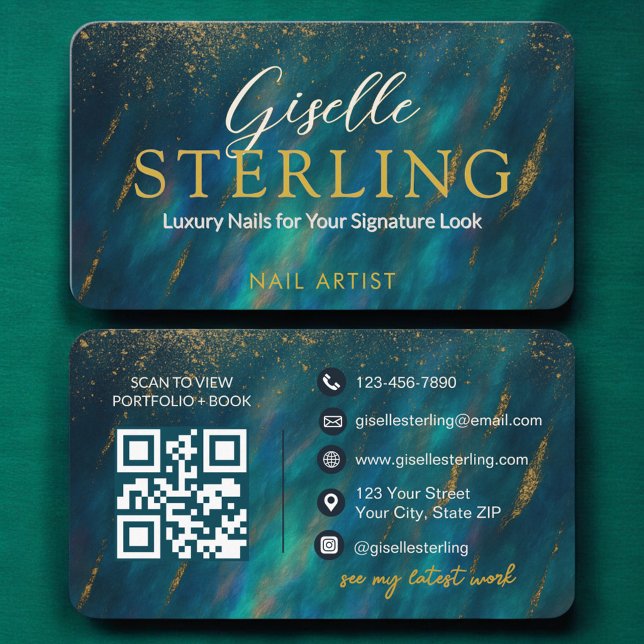 Carte De Visite Artiste moderne à ongles Glam Green Opal QR Code (Créateur téléchargé)