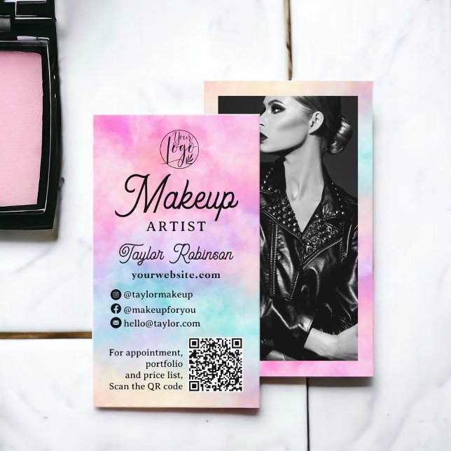 Carte De Visite Artiste moderne de maquillage d'aquarelle rose arc (Modern pink rainbow watercolor makeup artist business card)