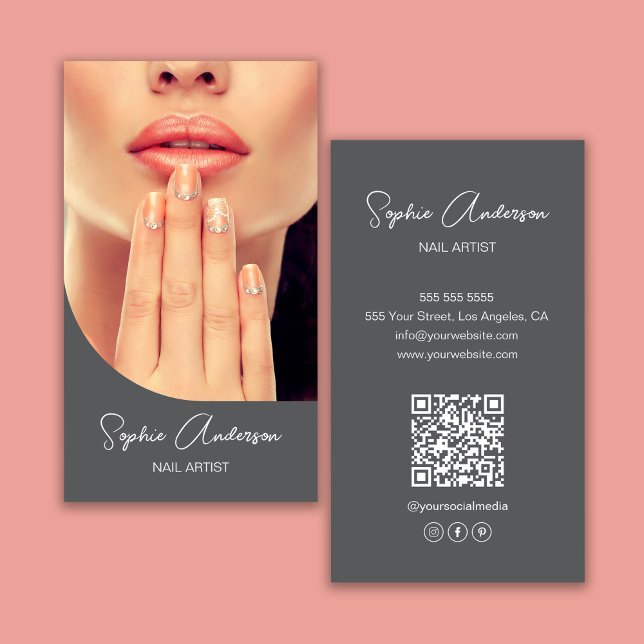 Carte De Visite Artiste moderne du clou gris (Modern Nail Artist Gray Business Card)
