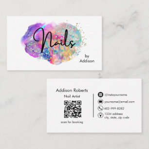 Carte De Visite Artiste Ongles Aquarelle Holographique QR