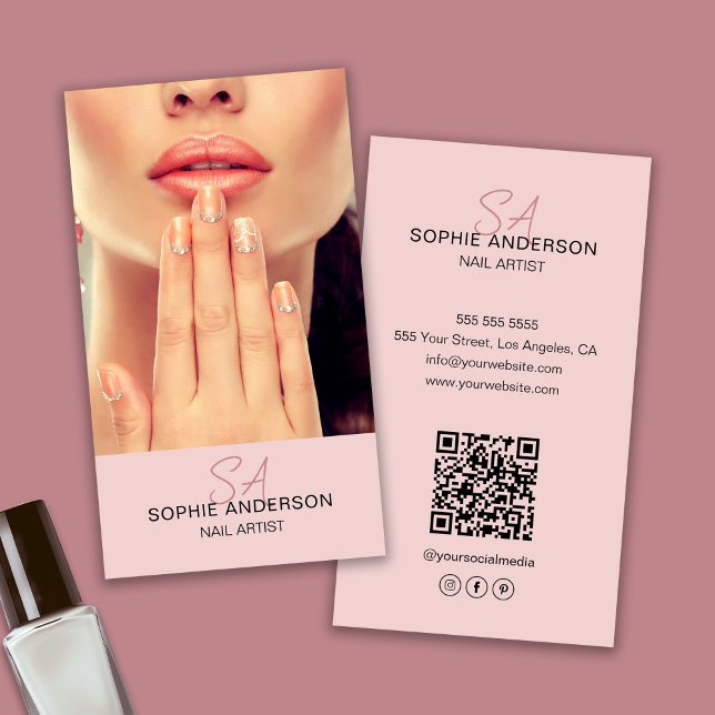 Carte De Visite Artiste Ongles Monogramme Moderne Rose (Modern Monogram Nail Artist Pink Business Card)