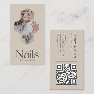 Carte De Visite Artiste Ongles Nid D'Abeille Photo Code Qr Beige
