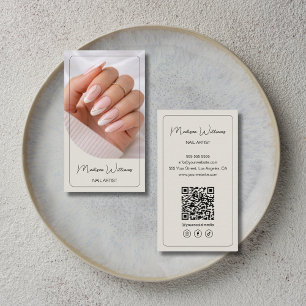 Carte De Visite Artiste Ongles Salon Manucure QR Beige Neutre