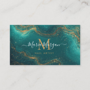 Carte De Visite Artiste Ongles Turquoise Bleu Agate Or Monogramme