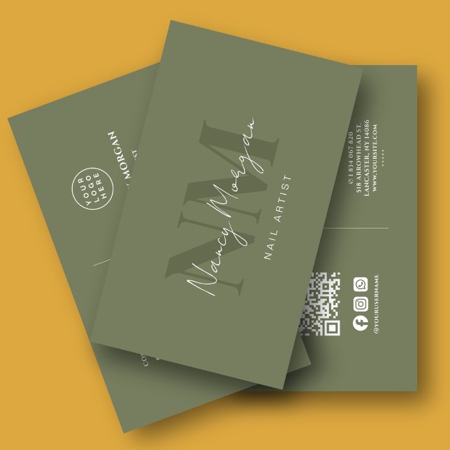 Carte De Visite Artiste Ongles Vert Sauge Foncé Monogramme Code QR (Créateur téléchargé)