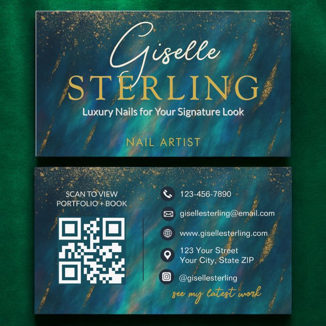 Carte De Visite Artiste Ongulaire Code QR Pierre Opale Vert Foncé (Créateur téléchargé)