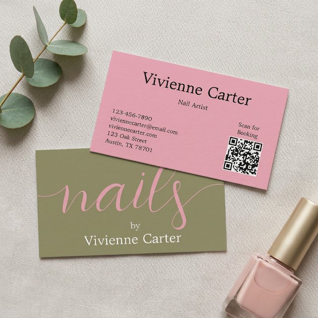 Carte De Visite Artiste Ongulaire Olive Green Pink Script (Olive Green Pink Script Nail Artist Business Card)