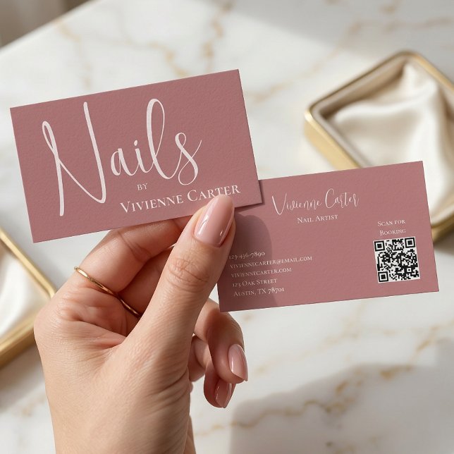 Carte De Visite Artiste Ongulaire Rose Pink Script (Rose Pink Script Nail Artist Business Card)