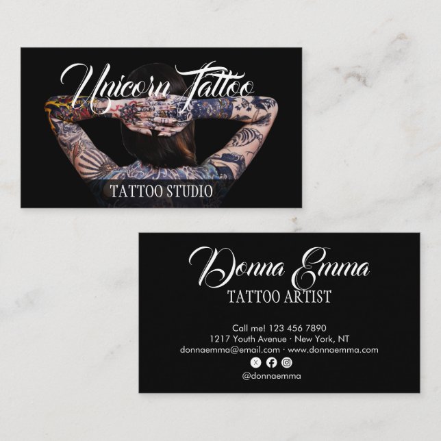 Carte De Visite artistes de tatouage noir photo script typographie (Devant / Derrière)