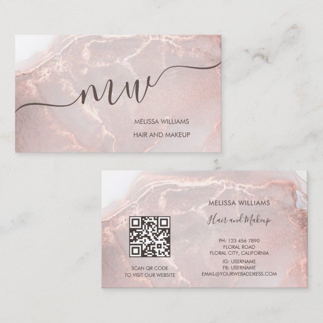 Carte De Visite Artistic Makeup Artist Rose Gold | QR Code (Devant / Derrière)