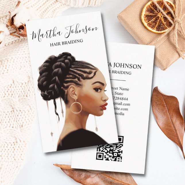 Carte De Visite Artsy Chic Afro American Braids Braiding QR Code (Créateur téléchargé)