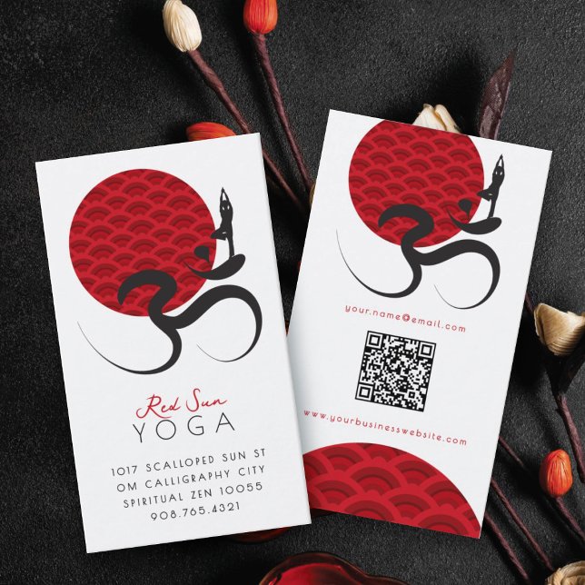 Carte De Visite Asiatique Red Sun Yoga & Moderne Zen Calligraphie  (Red Sun Yoga Spiritual Indian Meditate Modern Zen Calligraphy Om Aum Symbol Business Card @ fatfatin)