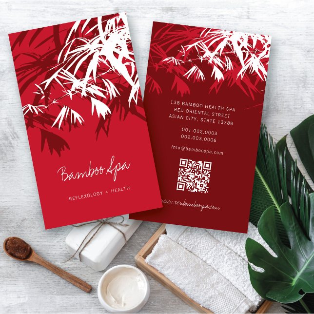 Carte De Visite Asiatique Zen Rouge Bambou Feuille moderne Orienta (Oriental Asian Bamboo Leaves Modern Zen Spa Business Card / Profile Card @ fatfatin_red_knot)
