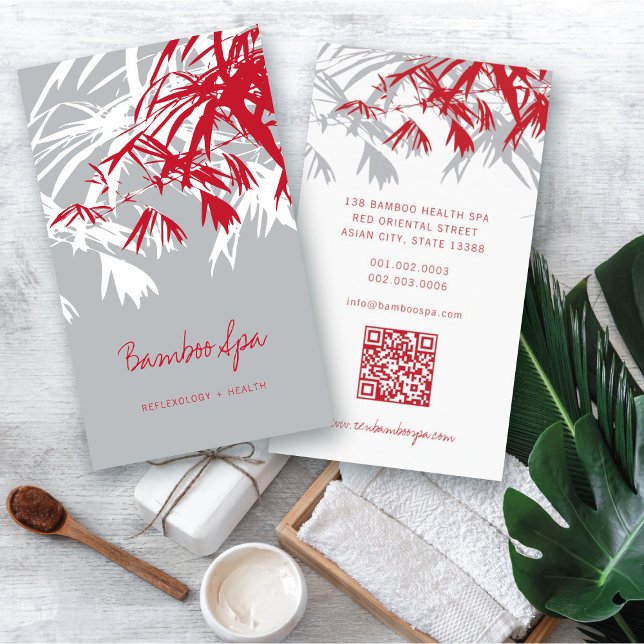 Carte De Visite Asiatique Zen Rouge Bambou Feuille moderne Orienta (Oriental Asian Bamboo Leaves Modern Zen Spa Business Card / Profile Card @ fatfatin_red_knot)
