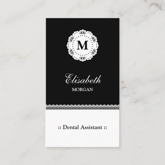 Carte De Visite Assistant dentaire Black White Lace Monogramme (Devant)