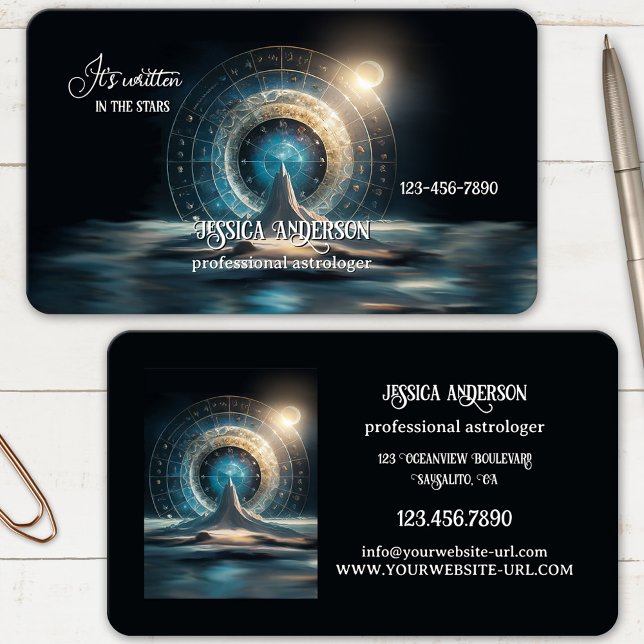 Carte De Visite Astrologue de l'Horoscope Céleste Magique  (Business card featuring a magical horoscope like illustration of a world with stars and planets)
