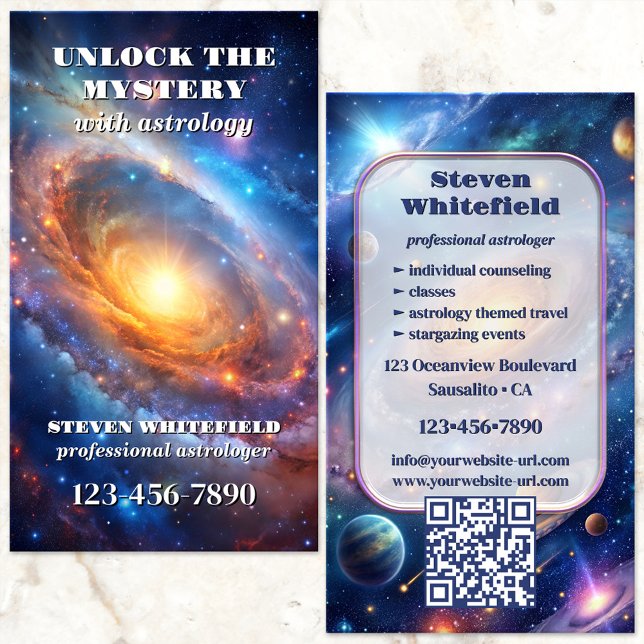 Carte De Visite Astrologue Professionnel Galaxie Céleste  (Astrologer business card featuring a celestial illustration of the galaxies with planets and stars.)