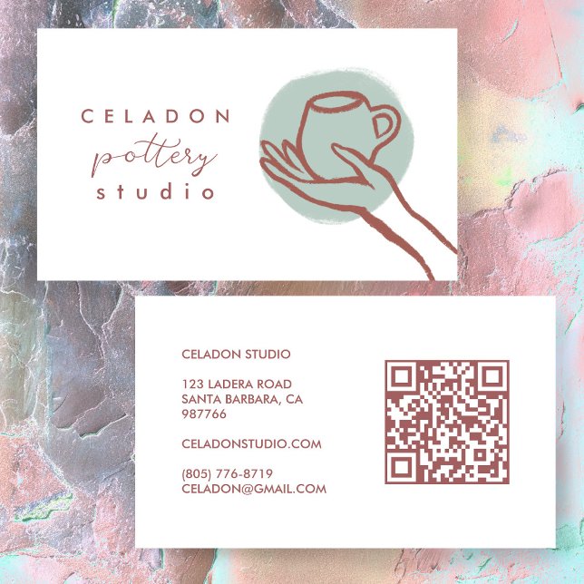 Carte De Visite ATELIER DE CÉRAMIQUE POTERIE Code QR Élégant Dessi (POTTERY Ceramics Studio Elegant Hand-drawn QR Code Ceramicist Clay Artist Business Card
)