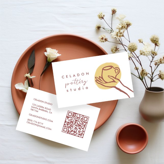 Carte De Visite ATELIER DE CÉRAMIQUE POTERIE Code QR Élégant Dessi (POTTERY Ceramics Studio Elegant Hand-drawn QR Code Business Card
)