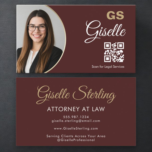 Carte De Visite Attorney at Law Burgundy Gold Photo QR Code  (Créateur téléchargé)