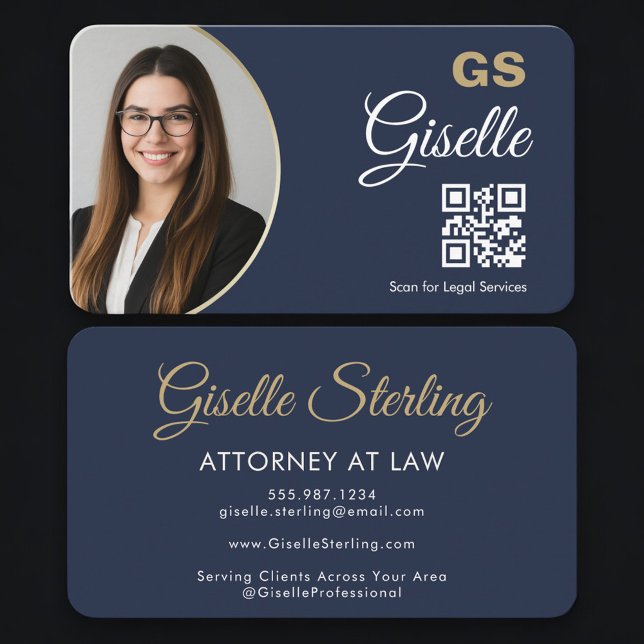 Carte De Visite Attorney at Law QR Code Photo Navy Blue Gold  (Créateur téléchargé)