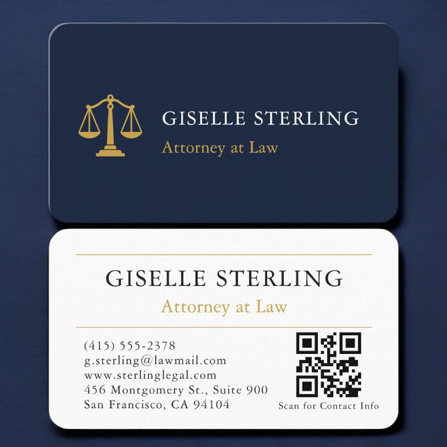 Carte De Visite Attorney Navy Blue Gold QR Code Professional (Créateur téléchargé)