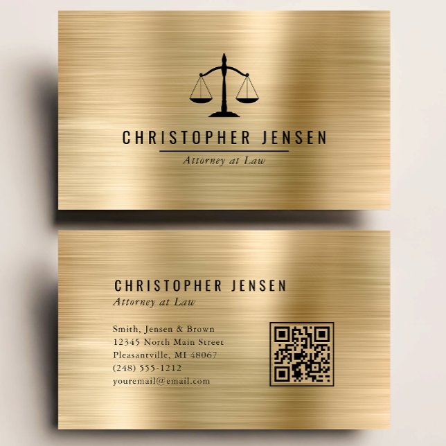 Carte De Visite Attorney QR Code Black Scales Gold Brushed Metal (Créateur téléchargé)