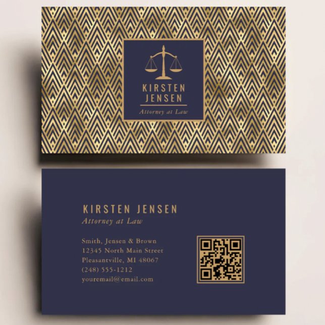Carte De Visite Attorney QR Code Blue Gold Geometric Deco Pattern (Créateur téléchargé)