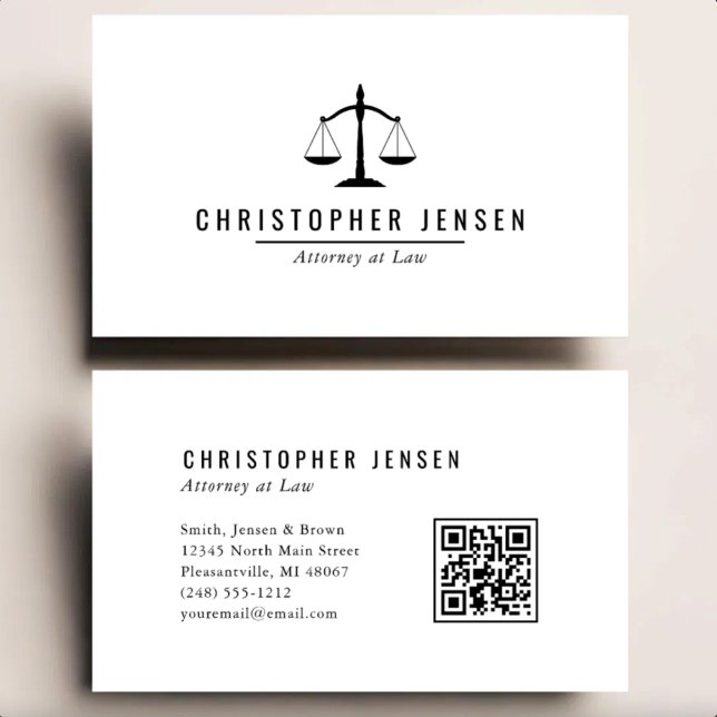 Carte De Visite Attorney QR Code White Black Scales Simple (Créateur téléchargé)