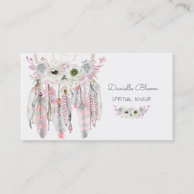 Carte De Visite Attrape-rêves Boho Flèches Plumes Rose Gris (Devant)