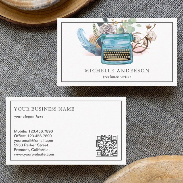 Carte De Visite Auteur de code QR de machine à écrire en bleu vint (Créateur téléchargé)