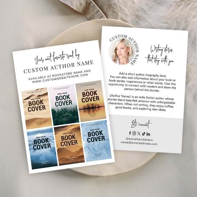 Carte De Visite Author Book Series Marketing Custom Photo Collage (Minimalist author bibliography marketing business cards with 6 custom book covers and profile photo)