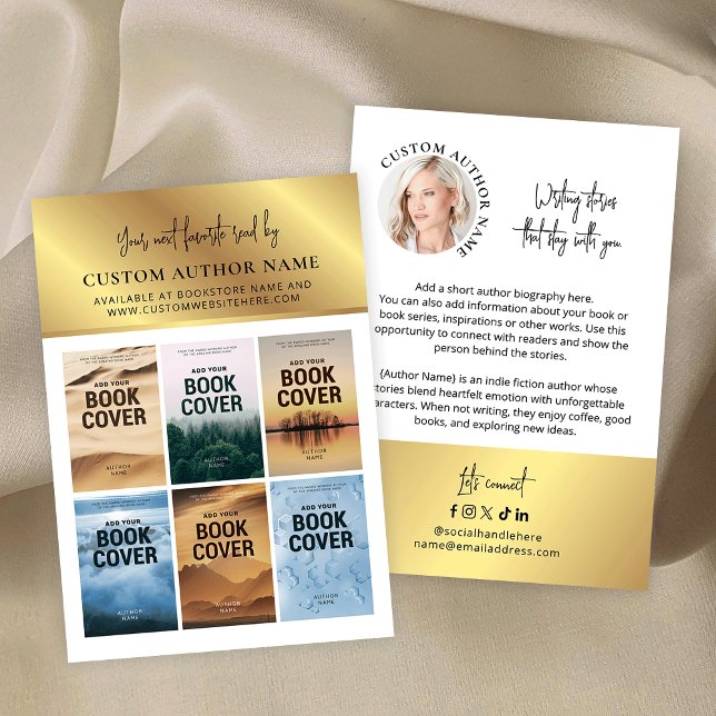 Carte De Visite Author Book Series Photo Collage White & Gold (Faux gold author bibliography marketing business cards with 6 custom book covers and profile photo)