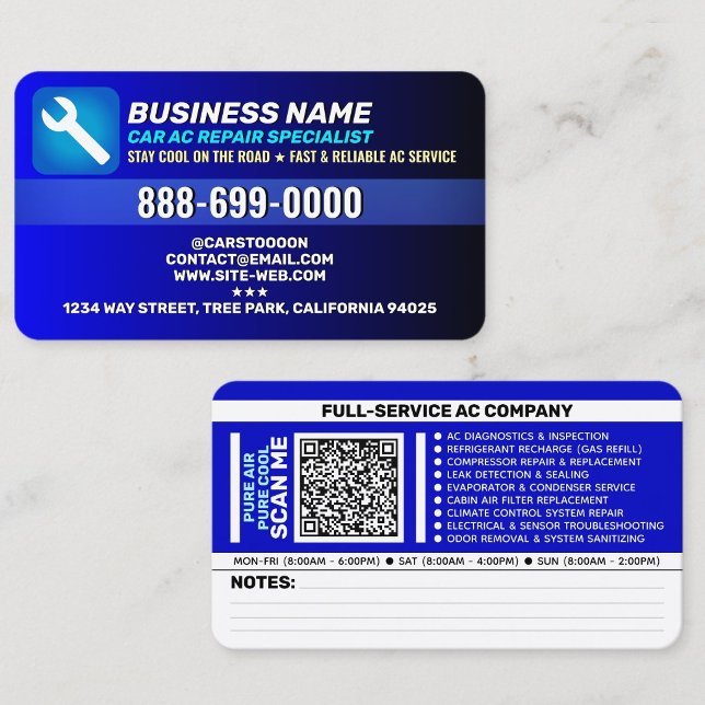 Carte De Visite Auto Air Conditioner Service | Best Car AC Repair (Shop car air conditioner repair business cards in blue color)