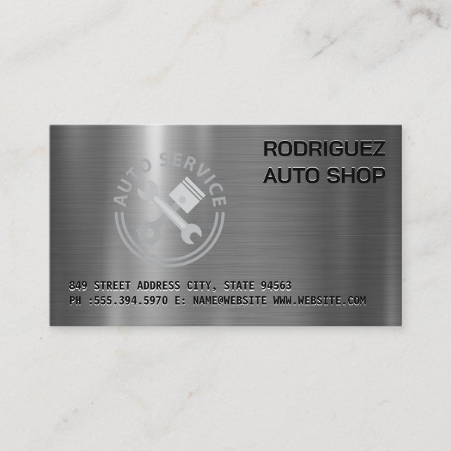 Carte De Visite Auto Repair Logo | Metallic | Wrench | Pistons (Devant)