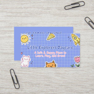Carte De Visite Autocollant Doodle sur Grille Bleu Pervenche