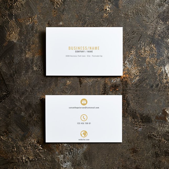Carte de visite aux icônes blanches et dorées. car (White and gold business card. Professional business card with 3 bold and simple icons)