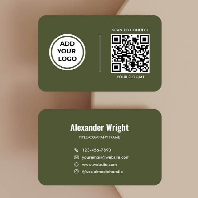 Carte de visite avec code de scan vert olive  (Créateur téléchargé)