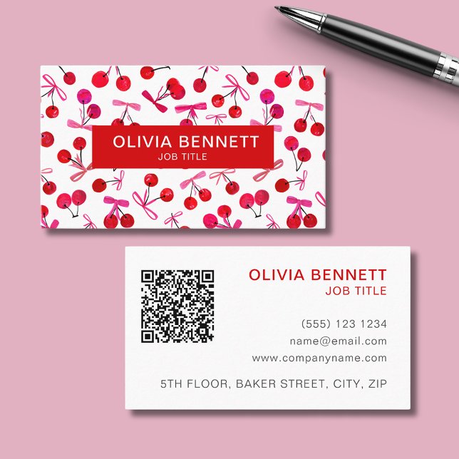 Carte de visite avec code QR Cerise & noeud (Cherry and pink bow cute illustrated professional business cards with custom text and QR code.)