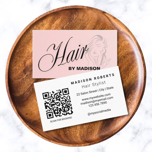 Carte de visite avec code QR pour coiffeur Rose Pâ (Créateur téléchargé)