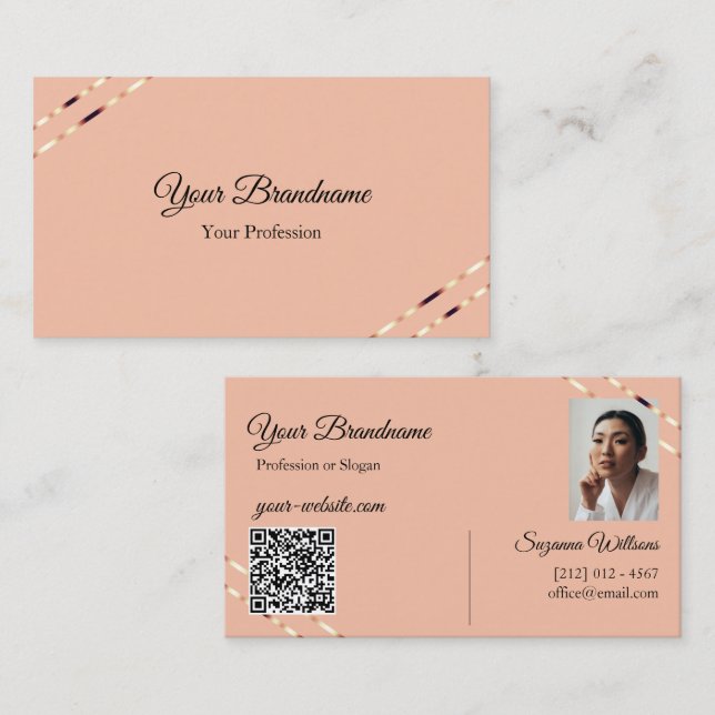Carte de visite avec lignes dorées roses, photo et (Devant / Derrière)