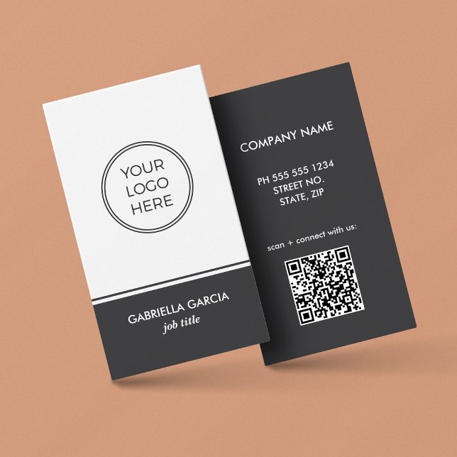 Carte de visite avec logo Code QR Gris Contemporai (Card shown in 3.5x2 inches. Personalize and choose size, corner + paper style)
