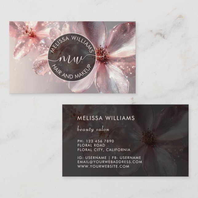 Carte de visite avec logo floral rose brillant ini (Devant / Derrière)