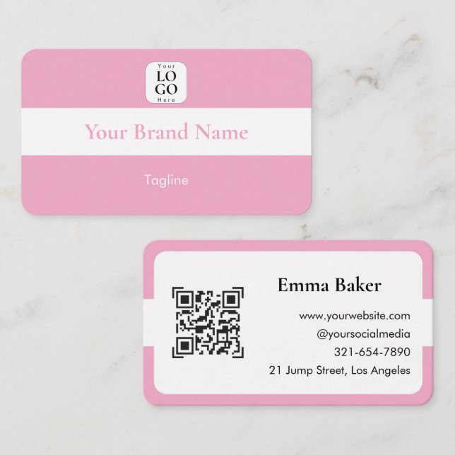 Carte de visite avec logo QR Code rose mignon (Devant / Derrière)