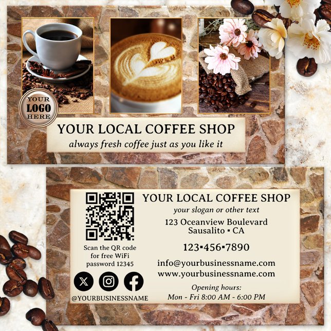 Carte de visite avec QR Code pour café Photo (Business card for coffee shop owners, featuring your own photos on an industrial stone wall design)